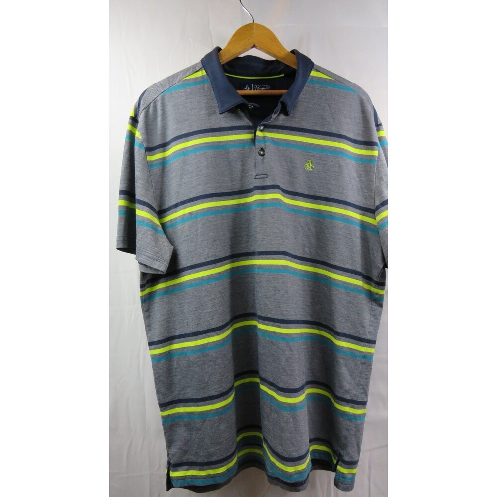 Original Penguin Men's XL Short Sleeve Polo Shirt Gray with Yellow/Blue Stripes